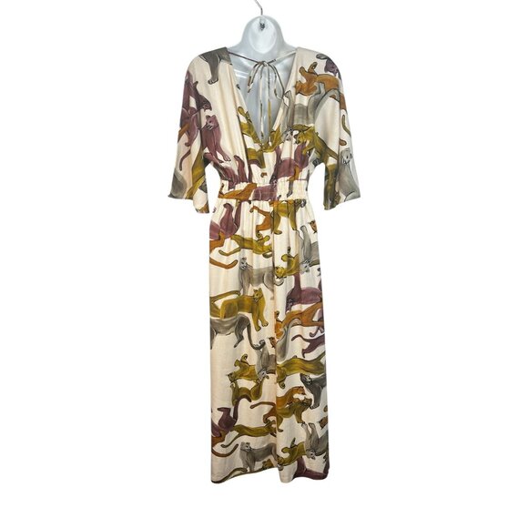 cortelle Puma Print Linen Midi Dress Dolman Sleeve Lions Panther Cat Print XS - Picture 9 of 10